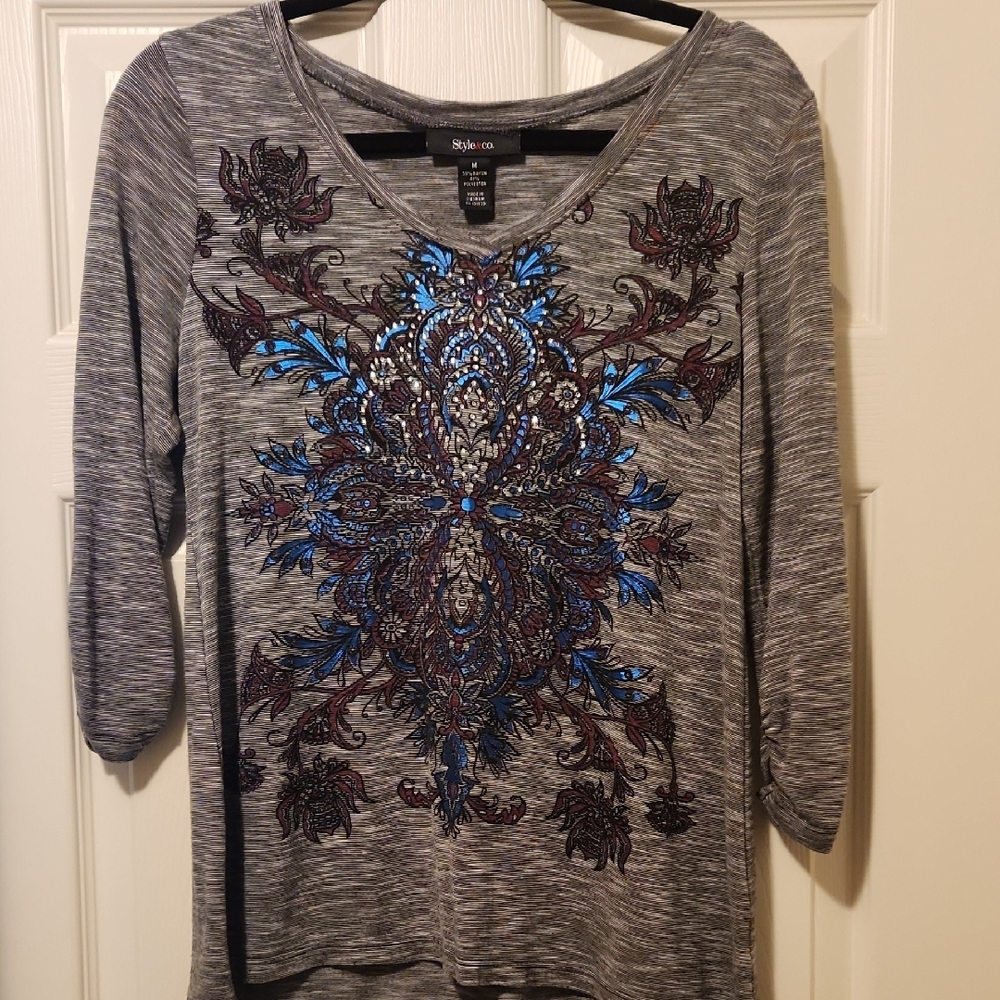 Style & Co. Graphic 3/4 Sleeve Blouse in Gray and Blue